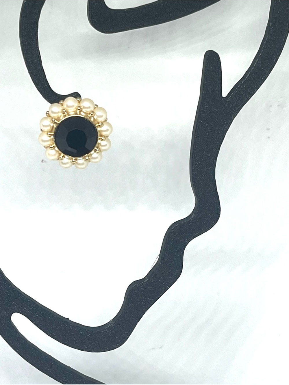 Gold Pearl-Trim Stud Earrings with Black Center